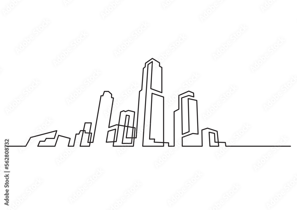 continuous line drawing vector illustration with FULLY EDITABLE STROKE of modern city skyline