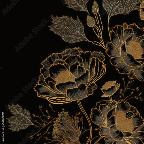 Gold outlined flowers on black background, AI assisted finalized in Photoshop by me 