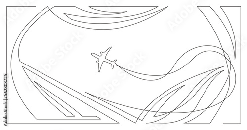 continuous line drawing vector illustration with FULLY EDITABLE STROKE of architecture city skyscrapers with airplane in sky