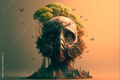A person wearing gas mask made up of tree and leaves to protect himself from air pollution caused by deforestation in the first place.