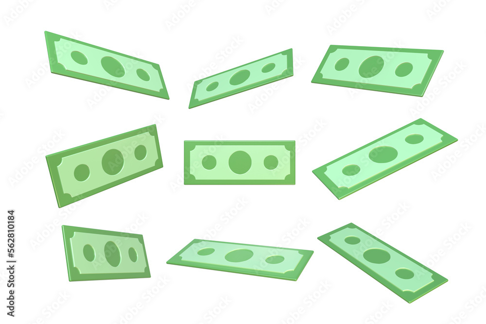 Falling green paper bills. 3D cartoon realistic money. Business and finance success. Big win or jackpot banner.Realistic money set. Collection of 3D green dollars isolated on white background. Falling green paper bills. 3D cartoon realistic money. Business and finance success. Big win or jackpot banner.Realistic money set. Collection of 3D green dollars isolated on white background.