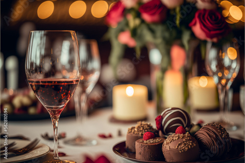 valentine s day celebration with roses  chocolate and champagne in luxury restaurant candlelight dinner