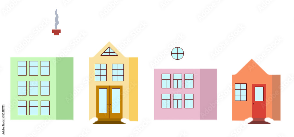 Set of winter village houses on a transparent background, png. Suburban cute colorful buildings with roofs, windows, chimneys, doors, snow and smoke. Cartoon, illustration, isolated