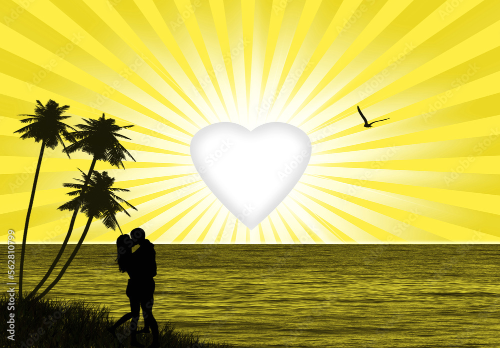 Paisaje. Ilustración. Sol con forma de corazón y pareja. San Valentín.