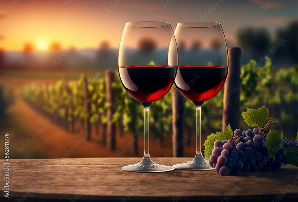 glasses of red wine in a vineyard, generative AI