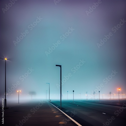 A foggy street, lit up by streetlights.