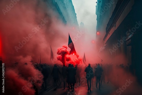 Fototapeta Naklejka Na Ścianę i Meble -  manifestation dans les rues de Paris avec feu et fumigènes - illustration IA