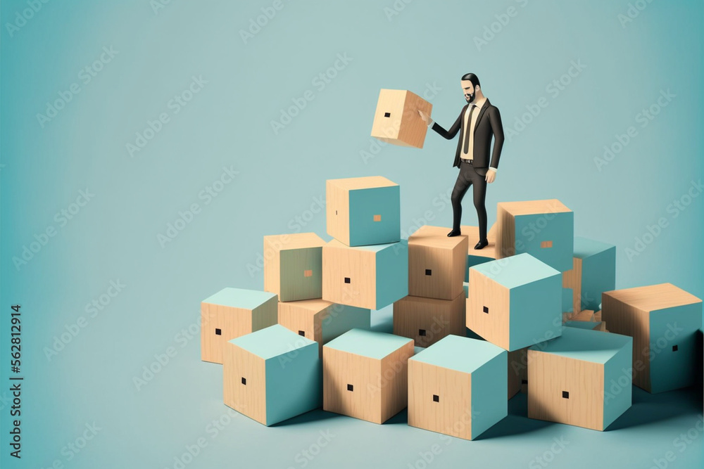 Businessman putting wooden cube block on light blue background Businessman putting wooden cube block on light blue background