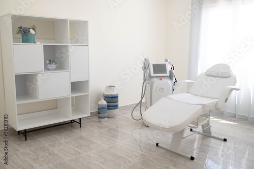 The sculp body treatment machine with a white bad in the white room, cabinet in the cosmetology, beauty center, clinic, salon.Cosmetology devices.Modern ways of relaxation and skin care