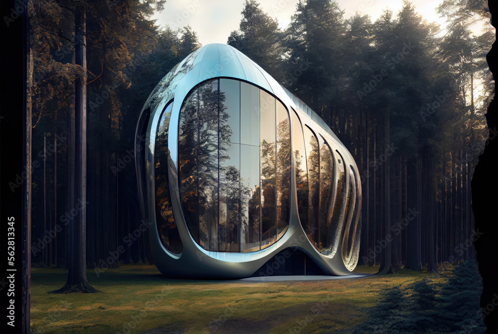 Fototapeta premium A futuristic silver glass building with smooth organic curved contours emerging from its forest surroundings - Generative AI illustrations