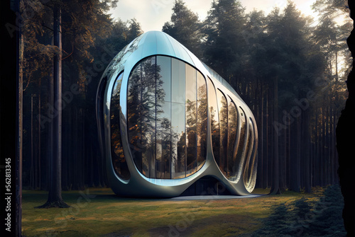 A futuristic silver glass building with smooth organic curved contours emerging from its forest surroundings - Generative AI illustrations