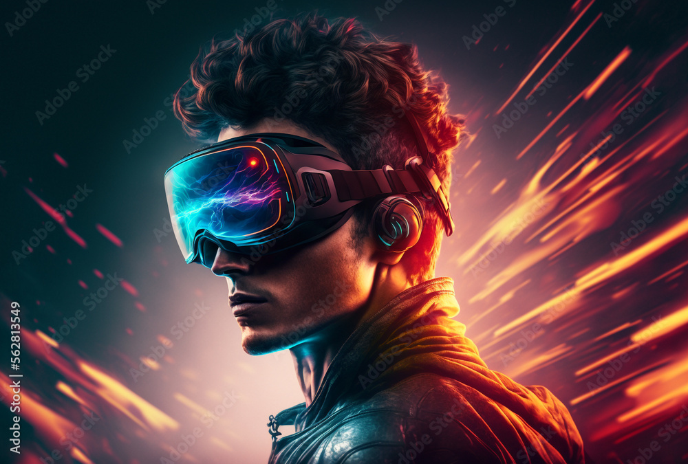 Young Man Wearing Virtual Reality Glasses, Neon Lights Metaverse Background, High-tech Futuristic, Generative AI