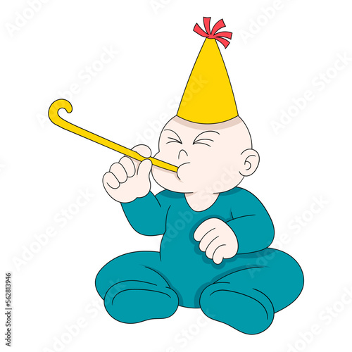 baby boy is sitting celebrating birthday blowing trumpet happily