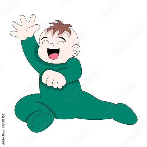 baby boy is sitting happily laughing happily waving hand greeting