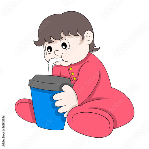 baby boy is sitting drinking milk from a straw