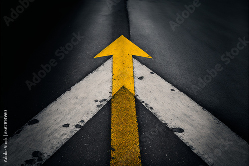 Different thinking and Business and technology disruption concept , Yellow arrow cross direction with white arrow on road asphalt.
