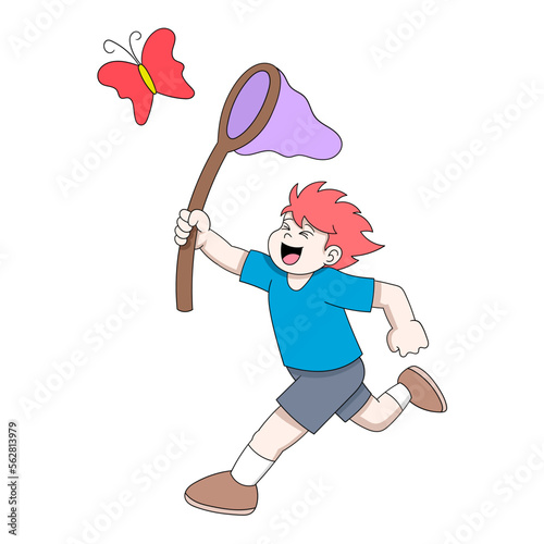 boy was running around carrying a net catching beautiful butterflies