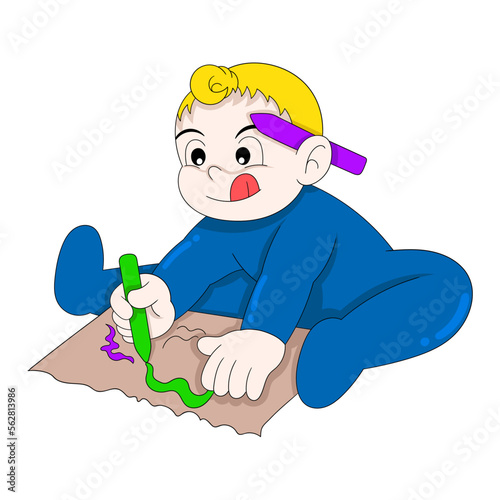 baby boy sitting playing alone drawing seriously