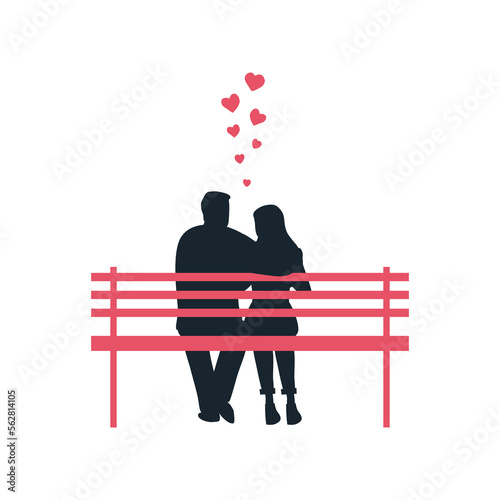 Valentine's day illustration. Black silhouettes of young man and young woman with red hearts. Young couple is sitting on a park bench. The man hugs the woman. Back view. Vector illustration