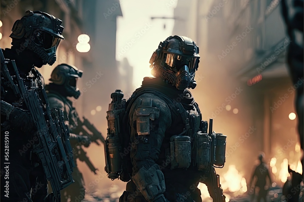 Futuristic Sci-Fi Cyborg Space Soldier Roaming the Ruins of City Street. Generative AI. Futuristic Sci-Fi Cyborg Space Soldier Roaming the Ruins of City Street. Generative AI.