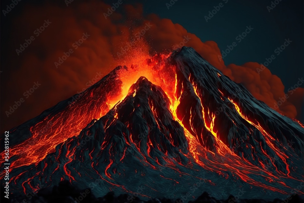 A volcano with red-hot lava flowing down its sides. Generative AI.