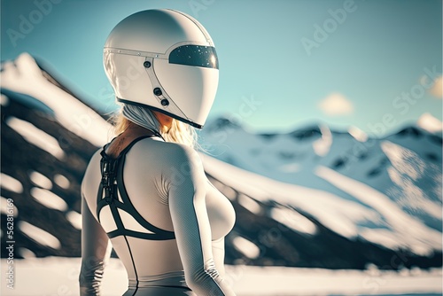 AI Generated Futuristic Woman in White Helmet in Norwegian Landscape. Generative AI.