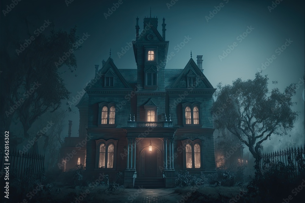 Haunted Mansion with Scary Horror Atmosphere. Generative AI. - obrazy, fototapety, plakaty 