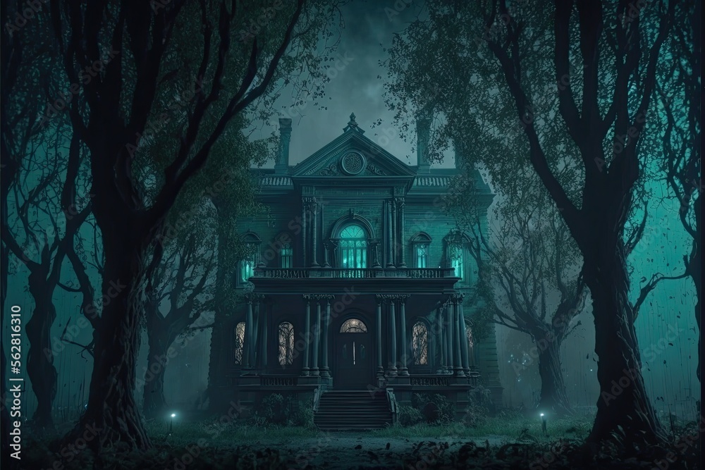 Haunted Mansion with Scary Horror Atmosphere. Generative AI. - obrazy, fototapety, plakaty 