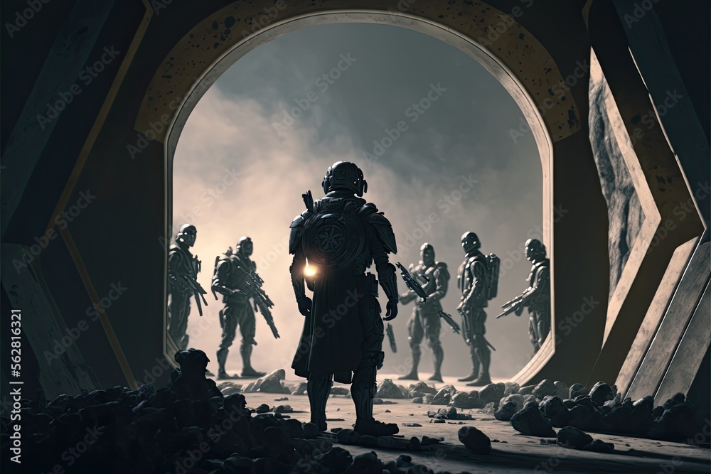 Group of Genetically Enhanced Soldiers Standing in Front of a Large Portal, Ready for Battle in Another Dimension. Generative AI.