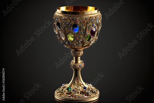 Luxurious Golden Chalice Embedded with Precious Gems - Goblet Isolated on Black Background. Generative AI.