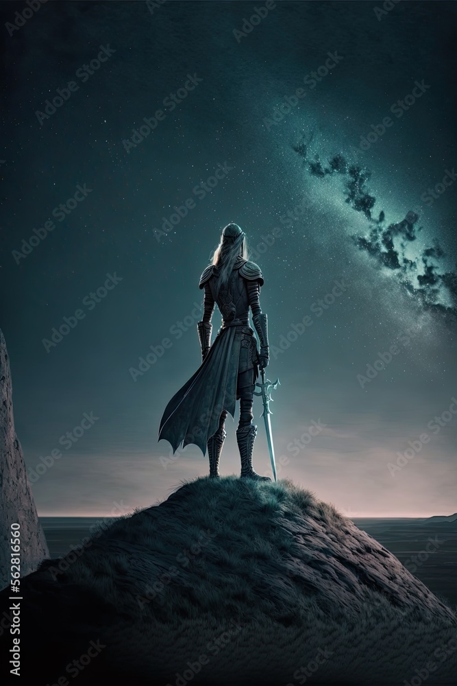 Warrior Woman Standing on Hill with Sword at Night - Fantasy Concept. Generative AI.