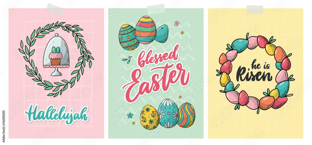 set of Easter cards, posters, prints, invitations, sublimation, templates, etc. Lettering quotes decorated with hand drawn doodles. EPS 10