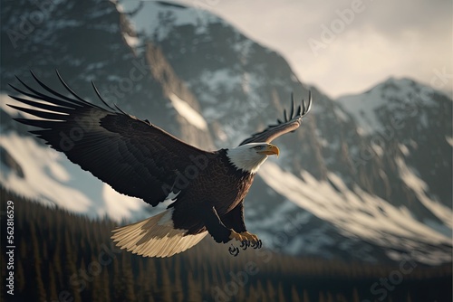 Majestic Bald Eagle Soaring Above the Mountains. Generative AI.