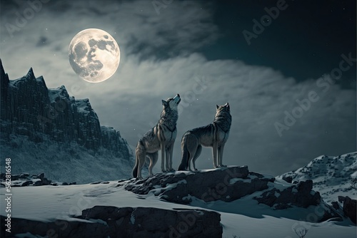 Wolves Standing on Rocky Outcropping While Howling at the Moon in Snowy Landscape at Night. Generative AI.
