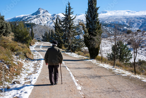 Hombre mayor con bastón caminando por un camino de montaña photo