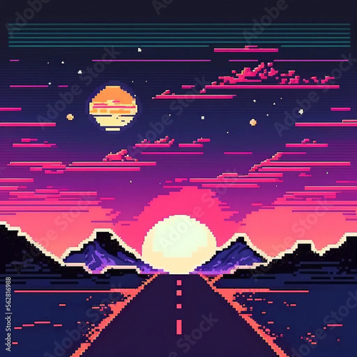 8bit sunset road, pixel art, retro, mountains