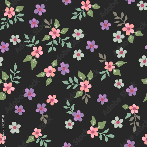 Vector floral seamless pattern. Abstract luxurious background with small pink  purple and green flowers on a black background with leaves and branches. Liberty style wallpaper.