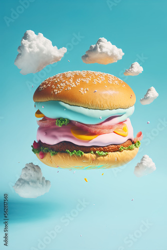 Creative close up food concept of a delicious, tasty meat and cheese burger in the blue cloud sky. Fast food that is not healthy but is tasty. Illustration. Generative AI.