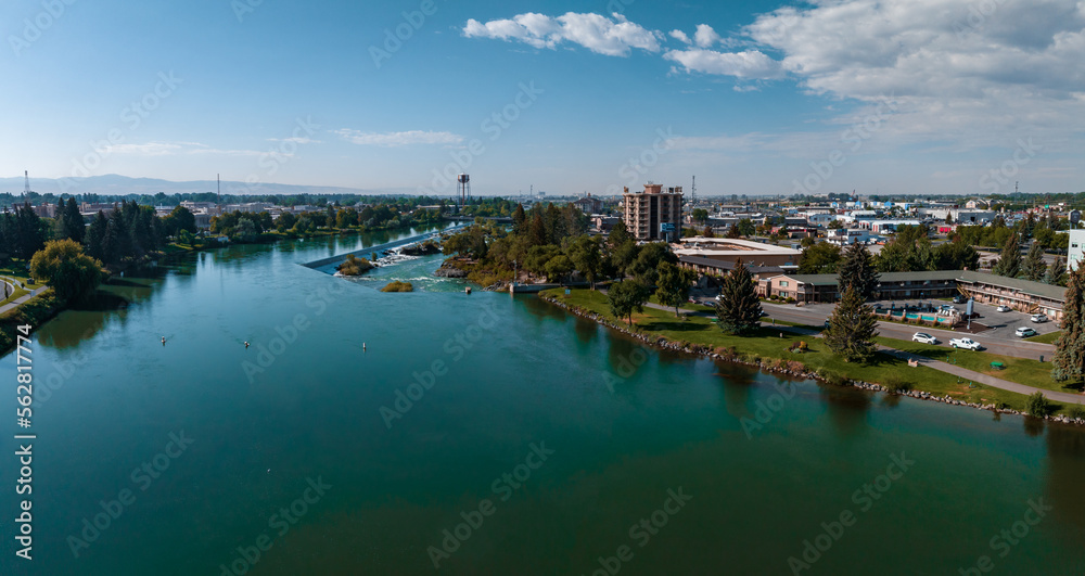 Aerial panoramic view of the waterfall in city of Idaho Falls, ID, USA.