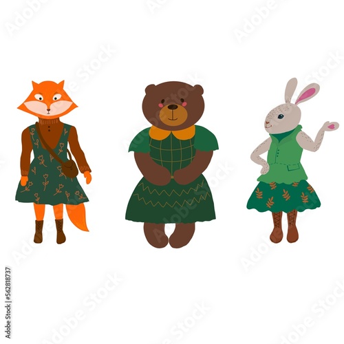 animals in dress. fox, hare, bear. girls animals