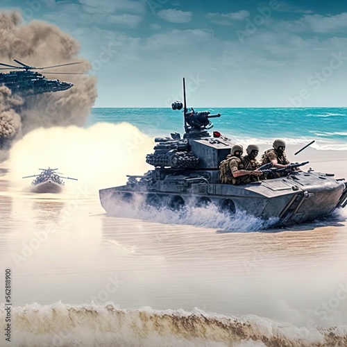 Marine invasion on the beach. Action scene created with Generative AI. 