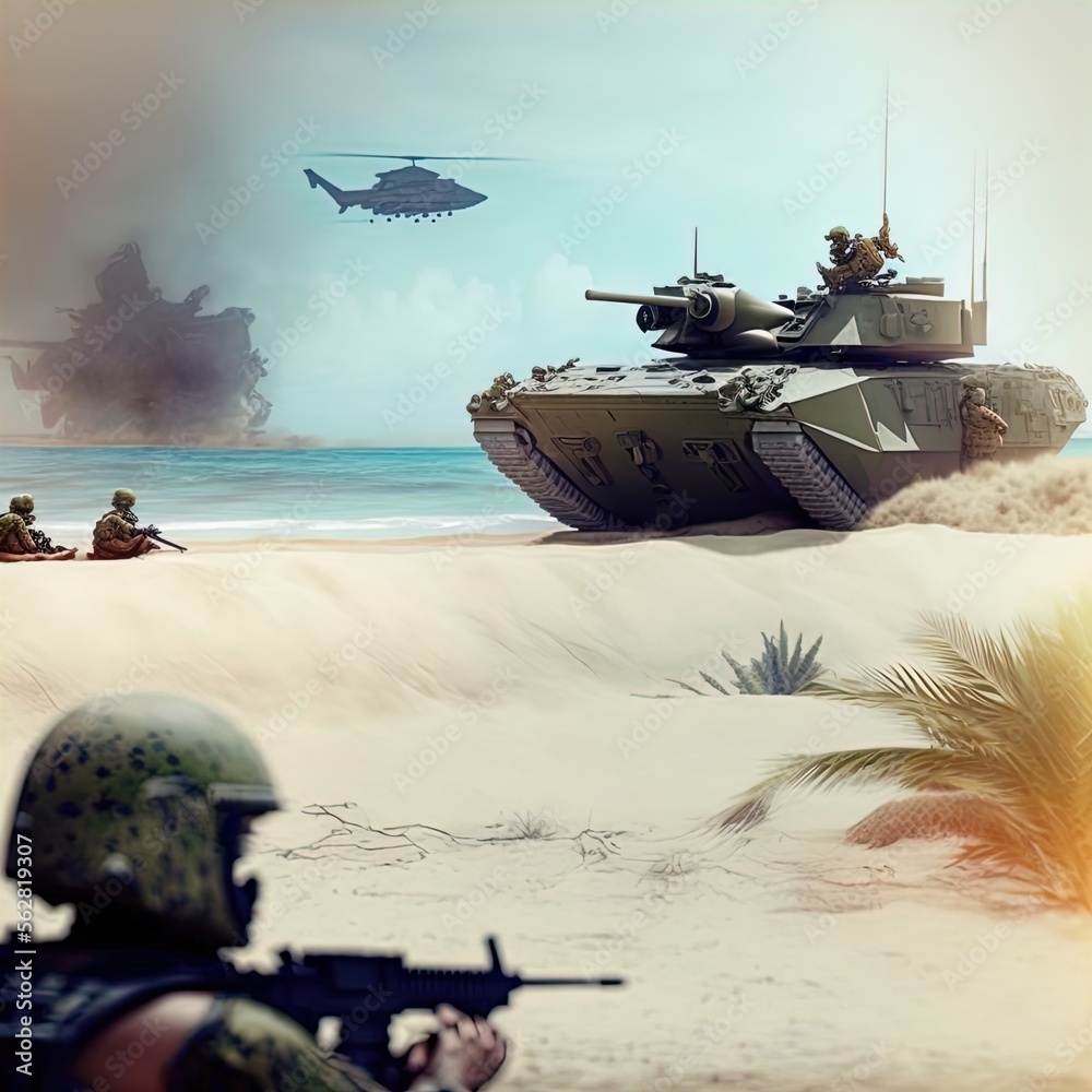 Marine invasion on the beach. Action scene created with Generative AI. 