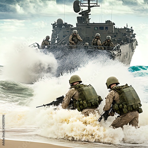 Marine invasion on the beach. Action scene created with Generative AI. 
