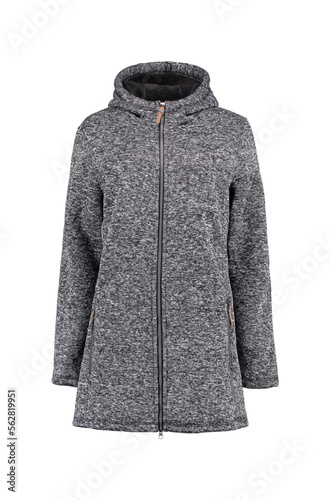 Warm hoodie in gray color. Coat on a white background. Isolated image on a white background.