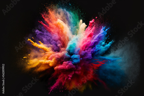 Colored powder explosion. Colorful traditional holi powder. Concept Indian color festival called Holi. Abstract closeup dust. AI generative illustration