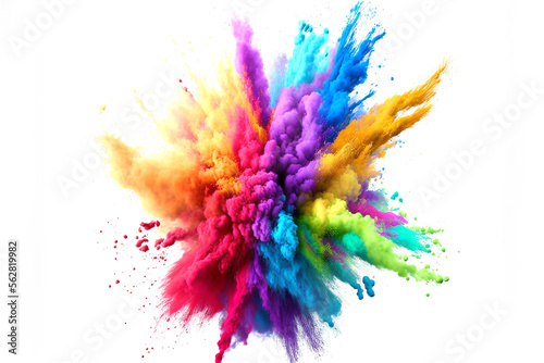 Colored powder explosion. Colorful traditional holi powder. Concept Indian color festival called Holi. Abstract closeup dust. AI generative illustration