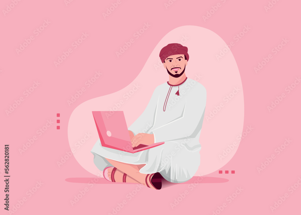 Omani Businessman character typing on laptop Omani Businessman character typing on laptop