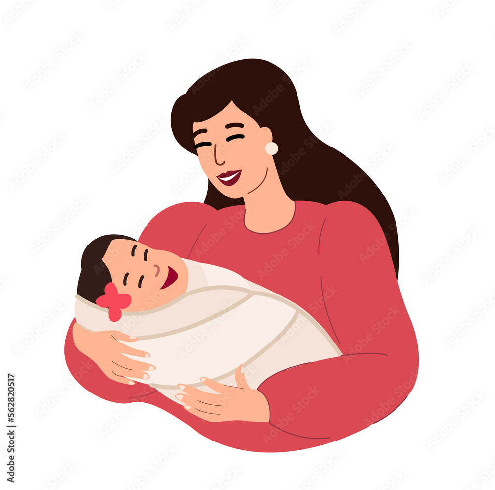 Mother holding newborn baby.Woman mom with swaddled infant in arms.Cute sleeping child in hands of mum.Happy motherhood,decree,maternity concept.Flat vector illustration isolated on white background Mother holding newborn baby.Woman mom with swaddled infant in arms.Cute sleeping child in hands of mum.Happy motherhood,decree,maternity concept.Flat vector illustration isolated on white background
