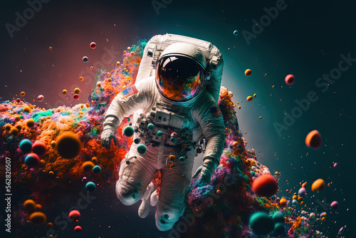 Astronaut in space surrounded by an explosion of color. Generative AI.