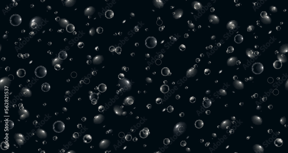 Blobs on dark window surface. Rain droplets on glass. Seamless pattern drops water on black background. Realistic 3d vector illustration.